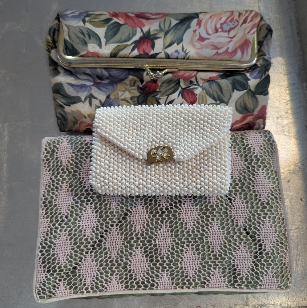 Vintage 3 Cases Cosmetic Purse Floral Pearl Clutch Bags 1940